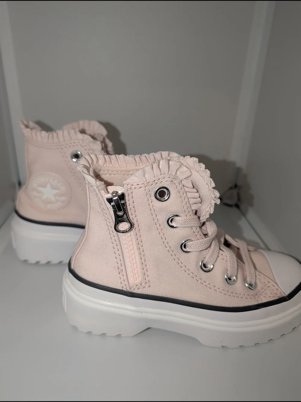 Light Pink Ruffle-Trim High‎ Top Sneakers